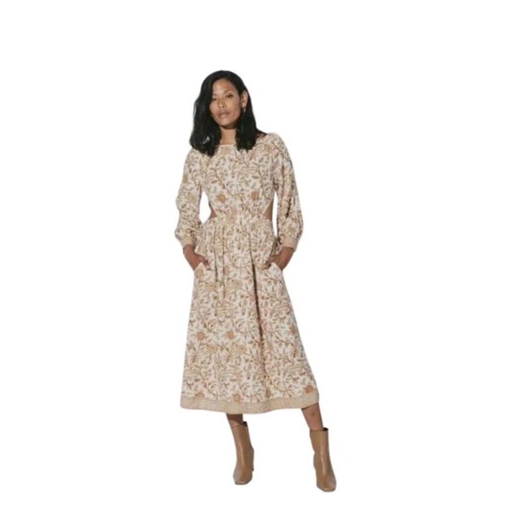 Cleobella Cutout Gracey Floral Puff Sleeve Ruffled Midi Dress Beige Cream, L